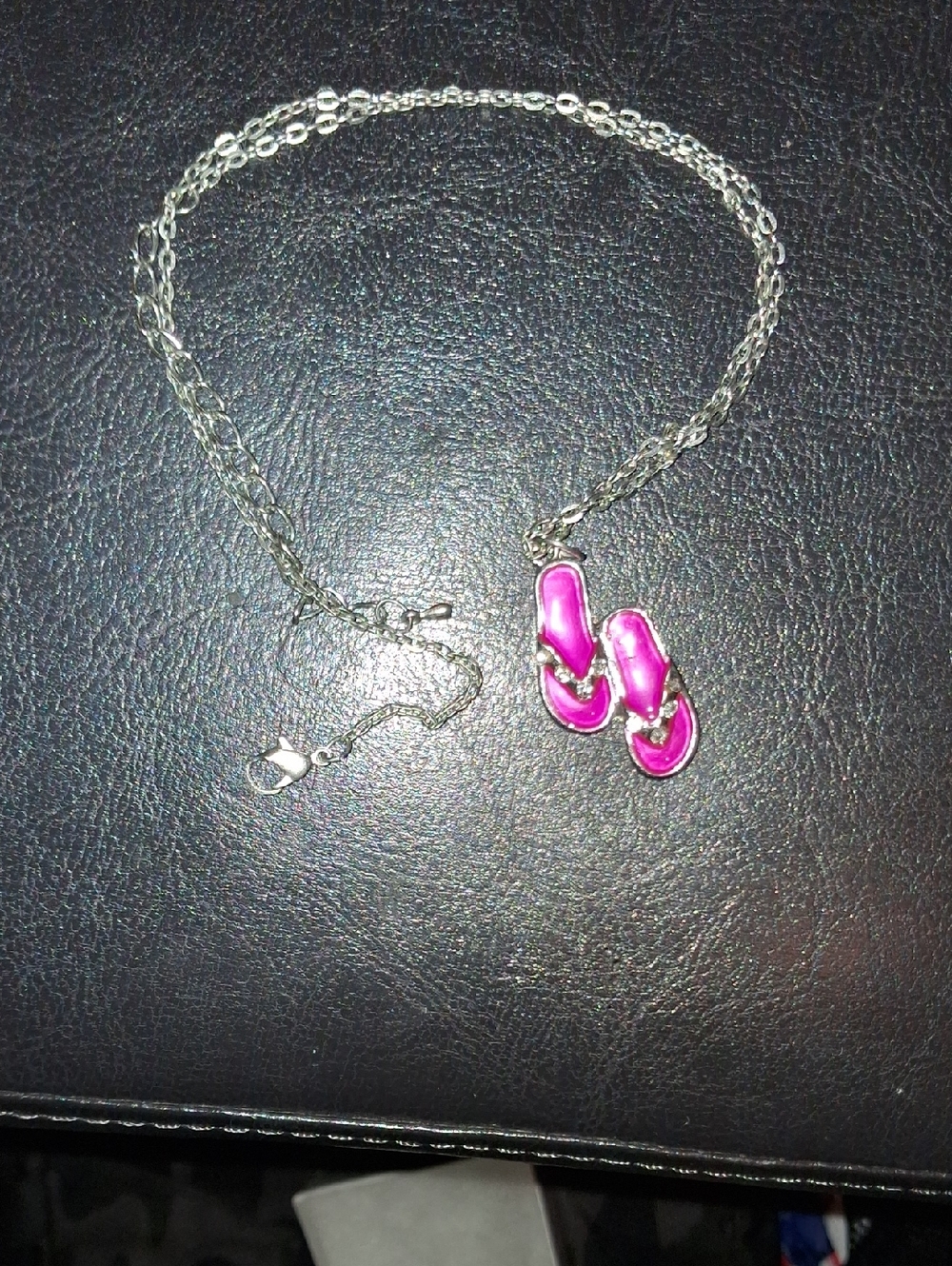 Silver Chain Necklace with Pink Flip-Flop Pendant With Gems